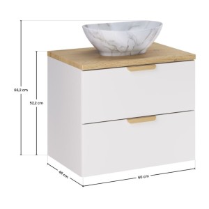 Badezimmer-Set OSTER 60cm: Unterschrank mit Schubladen + Platte für Waschbecken + aufgesetztes weiß marmoriertes Waschbecken