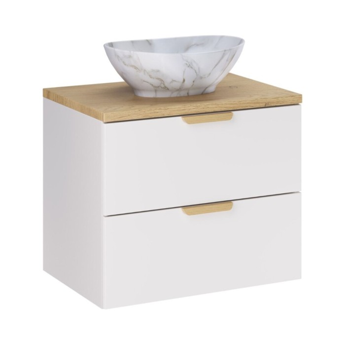 Badezimmer-Set OSTER 60cm: Waschtischunterschrank mit Schubladen + Abdeckplatte für Waschbecken + Aufsatzwaschbecken in weißer M