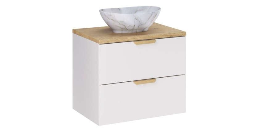 Badezimmer-Set OSTER 60cm: Unterschrank mit Schubladen + Platte für Waschbecken + aufgesetztes weiß marmoriertes Waschbecken