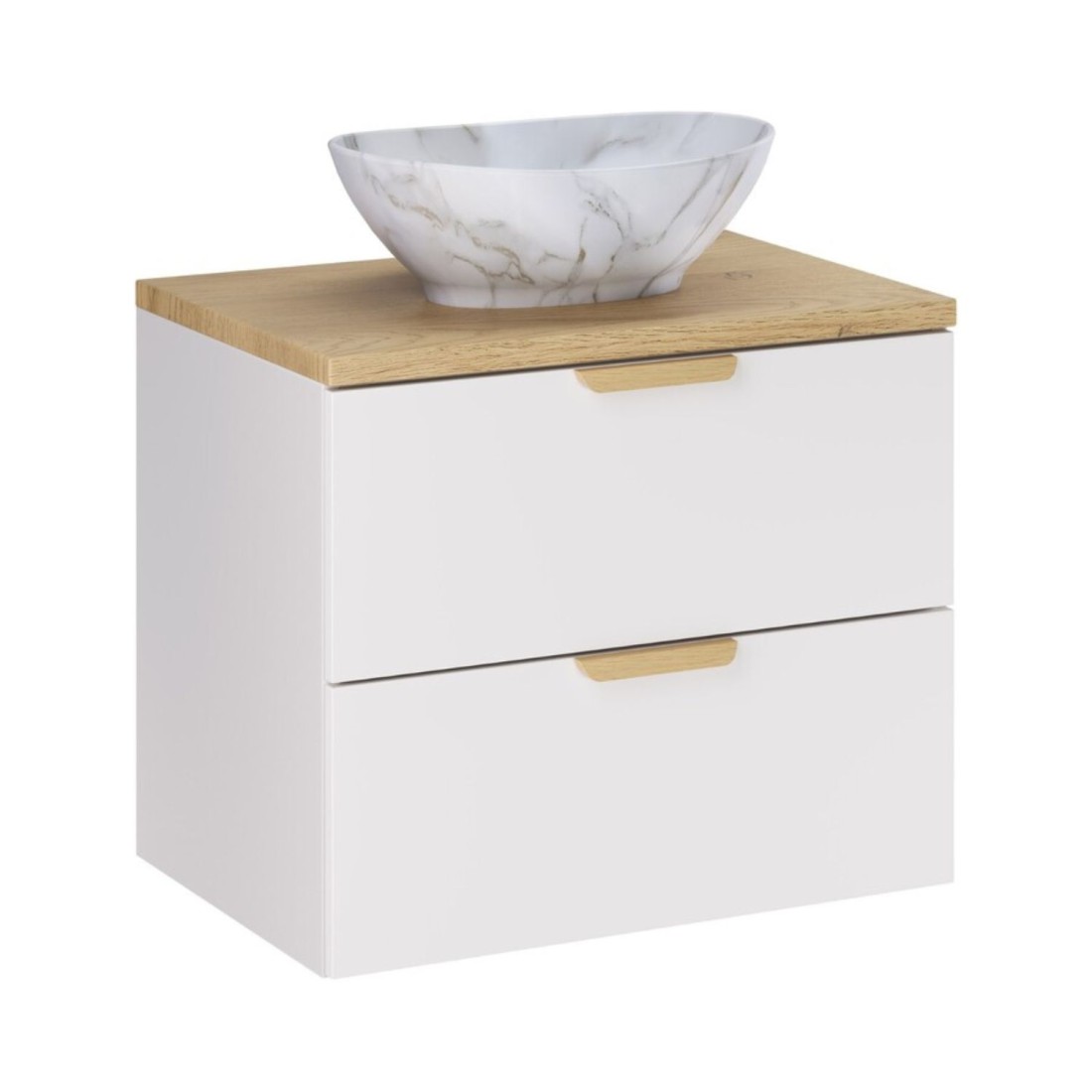 Badezimmer-Set OSTER 60cm: Unterschrank mit Schubladen + Platte für Waschbecken + aufgesetztes weiß marmoriertes Waschbecken