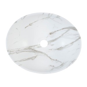 Badezimmer-Set OSTER 60cm: Unterschrank mit Schubladen + Platte für Waschbecken + aufgesetztes weiß marmoriertes Waschbecken