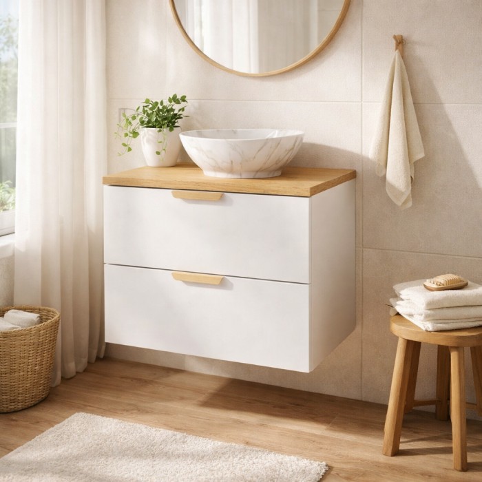 Ensemble OSTER blanc et chêne 60cm : meuble sous vasque à tiroirs et plan pour vasque mis en situation