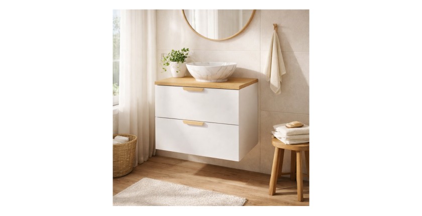 Ensemble OSTER blanc et chêne 60cm : meuble sous vasque à tiroirs et plan pour vasque mis en situation