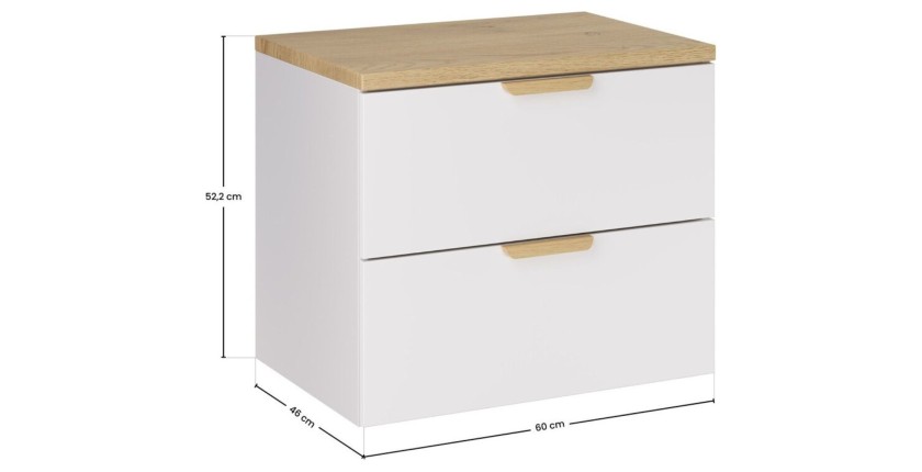 Ensemble OSTER blanc et chêne 60cm : meuble sous vasque à tiroirs et plan pour vasque dimensions