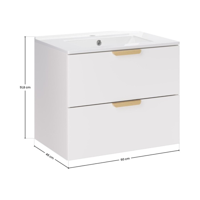 Conjunto de baño suspendido OSTER 60cm: mueble bajo lavabo con cajones blanco + lavabo empotrado blanco