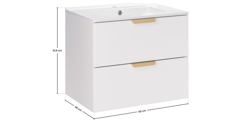Ensemble OSTER blanc 60cm : meuble sous vasque à tiroir et vasque encastrée blanche dimensions