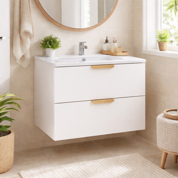 Conjunto de baño suspendido OSTER 60cm: mueble bajo lavabo con cajones blanco + lavabo empotrado blanco