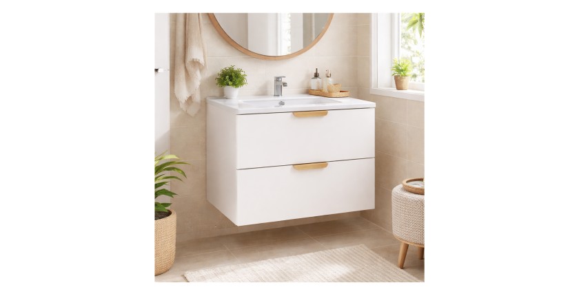 Ensemble OSTER blanc 60cm : meuble sous vasque à tiroir et vasque encastrée blanche mis en situation