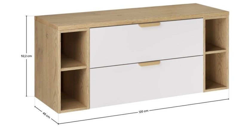 Ensemble OSTER blanc et chêne 120cm : meuble sous vasque à tiroirs, niches visibles et plan pour vasque dimensions