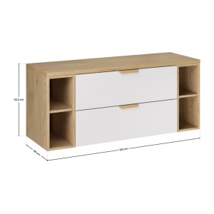 Ensemble OSTER blanc et chêne 120cm : meuble sous vasque à tiroirs, niches visibles et plan pour vasque dimensions