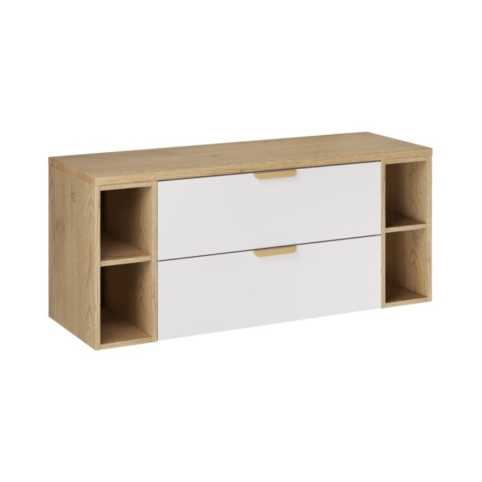 Conjunto de baño suspendido OSTER 120cm: muebles bajo lavabo con cajones blancos y nichos visibles + encimera para lavabo