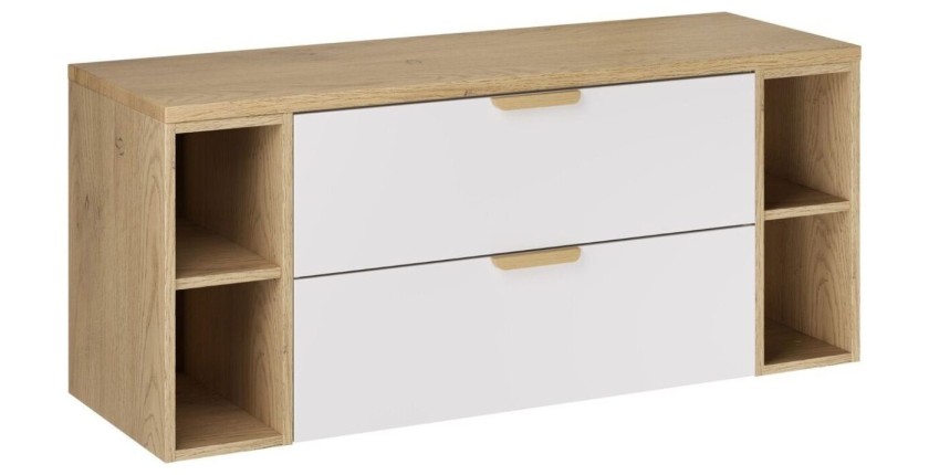 Ensemble OSTER blanc et chêne 120cm : meuble sous vasque à tiroirs, niches visibles et plan pour vasque