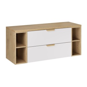 Ensemble OSTER blanc et chêne 120cm : meuble sous vasque à tiroirs, niches visibles et plan pour vasque
