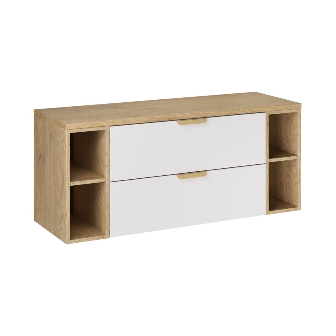 Ensemble OSTER blanc et chêne 120cm : meuble sous vasque à tiroirs, niches visibles et plan pour vasque