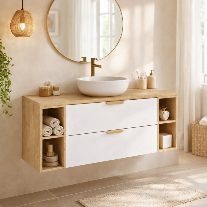Conjunto de baño suspendido OSTER 120cm: muebles bajo lavabo con cajones blancos y nichos visibles + encimera para lavabo
