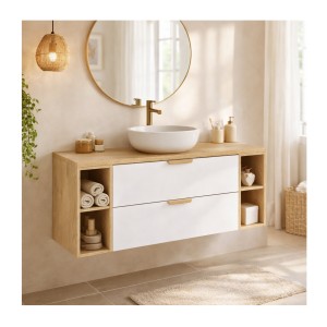 Ensemble OSTER blanc et chêne 120cm : meuble sous vasque à tiroirs, niches visibles et plan pour vasque mis en situation