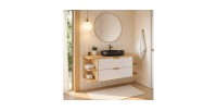 Ensemble OSTER blanc et chêne 120cm : meuble sous vasque, niches visibles et vasque à poser noire mis en situation