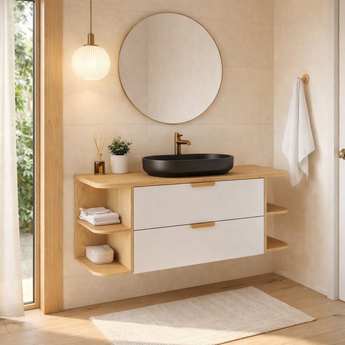 Conjunto OSTER 120cm: muebles bajo lavabo con cajones y nichos visibles + encimera para lavabo + lavabo sobre encimera negro ova