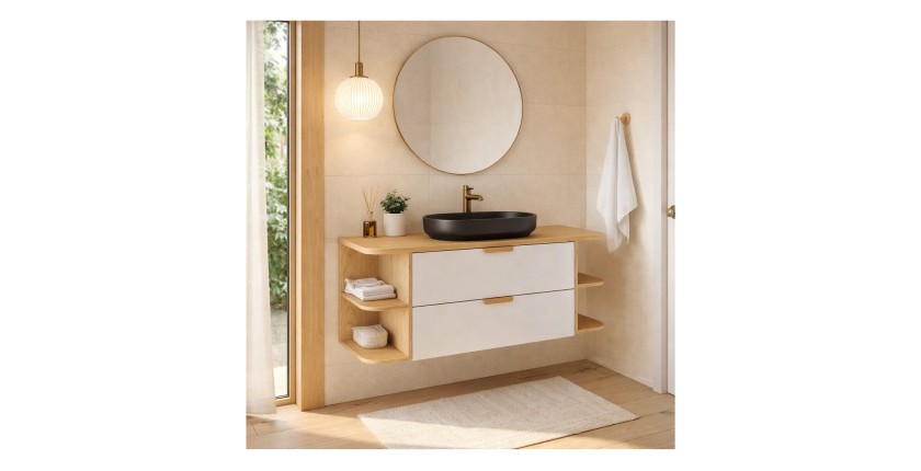 Ensemble OSTER blanc et chêne 120cm : meuble sous vasque, niches visibles et vasque à poser noire mis en situation