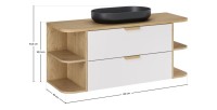 Ensemble OSTER blanc et chêne 120cm : meuble sous vasque, niches visibles et vasque à poser noire dimensions