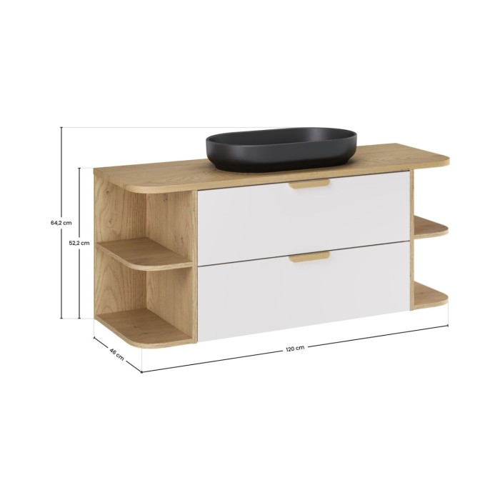 Conjunto OSTER 120cm: muebles bajo lavabo con cajones y nichos visibles + encimera para lavabo + lavabo sobre encimera negro ova