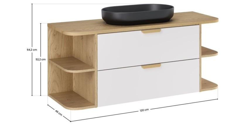 Ensemble OSTER blanc et chêne 120cm : meuble sous vasque, niches visibles et vasque à poser noire dimensions