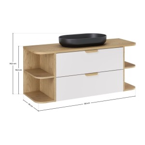 Ensemble OSTER blanc et chêne 120cm : meuble sous vasque, niches visibles et vasque à poser noire dimensions