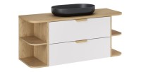 Ensemble OSTER blanc et chêne 120cm : meuble sous vasque, niches visibles et vasque à poser noire