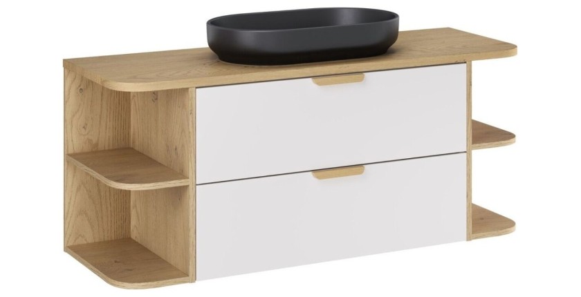 Ensemble OSTER blanc et chêne 120cm : meuble sous vasque, niches visibles et vasque à poser noire