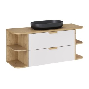Ensemble OSTER blanc et chêne 120cm : meuble sous vasque, niches visibles et vasque à poser noire