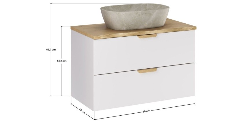 Zwevende badkamerset OSTER 80cm: onderkast met lades + schuin werkblad voor wastafel + opzetwastafel