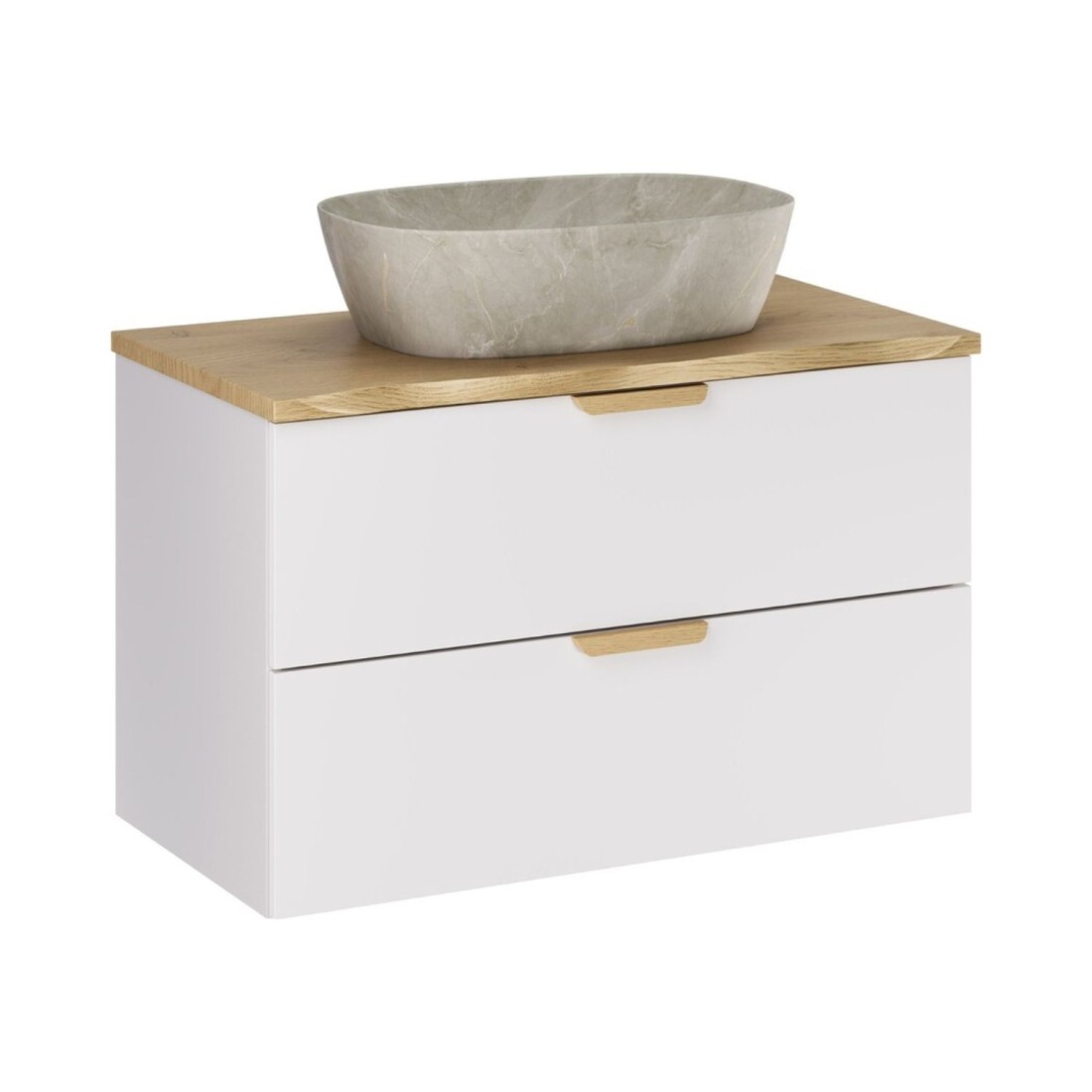 Zwevende badkamerset OSTER 80cm: onderkast met lades + schuin werkblad voor wastafel + opzetwastafel