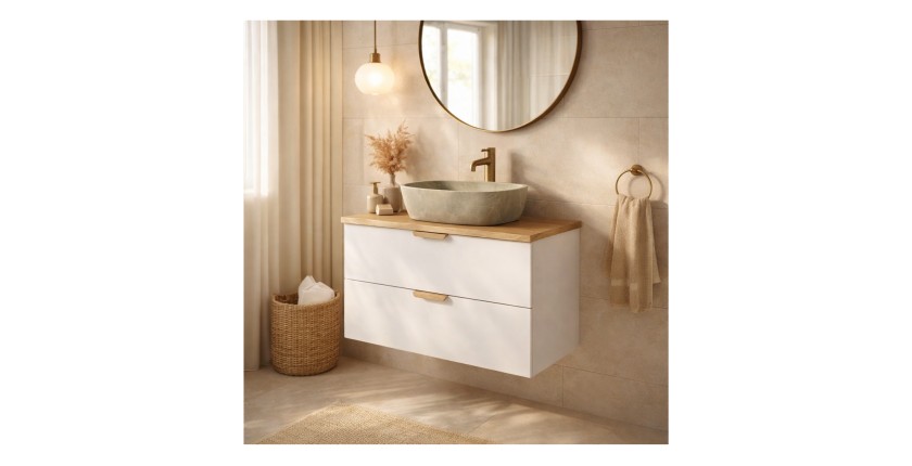 Zwevende badkamerset OSTER 80cm: onderkast met lades + schuin werkblad voor wastafel + opzetwastafel