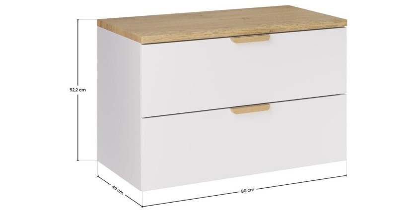 Zwevende badkamerset OSTER 80cm: witte onderkast met laden + licht eikenhouten blad voor wastafel