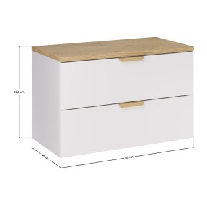 Zwevende badkamerset OSTER 80cm: witte onderkast met laden + licht eikenhouten blad voor wastafel