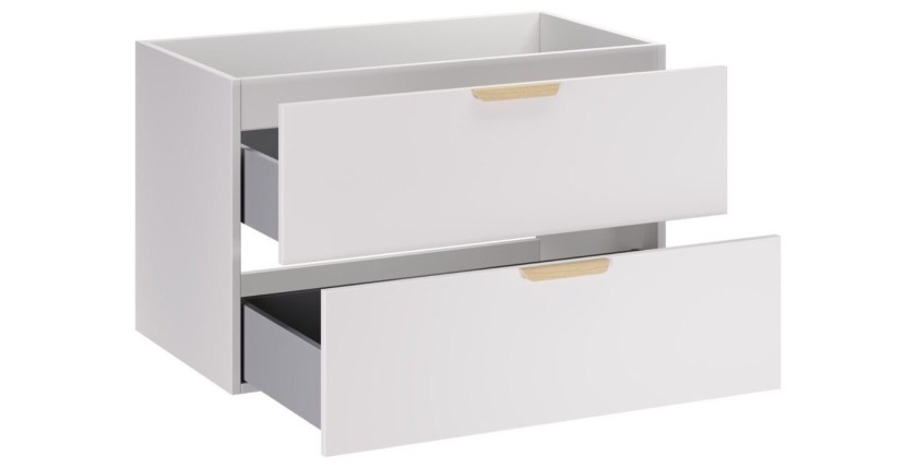 Zwevende badkamerset OSTER 80cm: witte onderkast met laden + licht eikenhouten blad voor wastafel