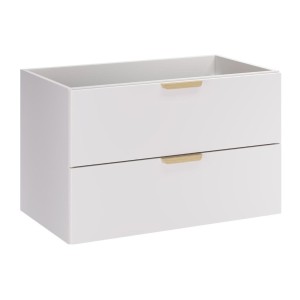 Zwevende badkamerset OSTER 80cm: witte onderkast met laden + licht eikenhouten blad voor wastafel