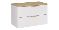 Zwevende badkamerset OSTER 80cm: witte onderkast met laden + licht eikenhouten blad voor wastafel