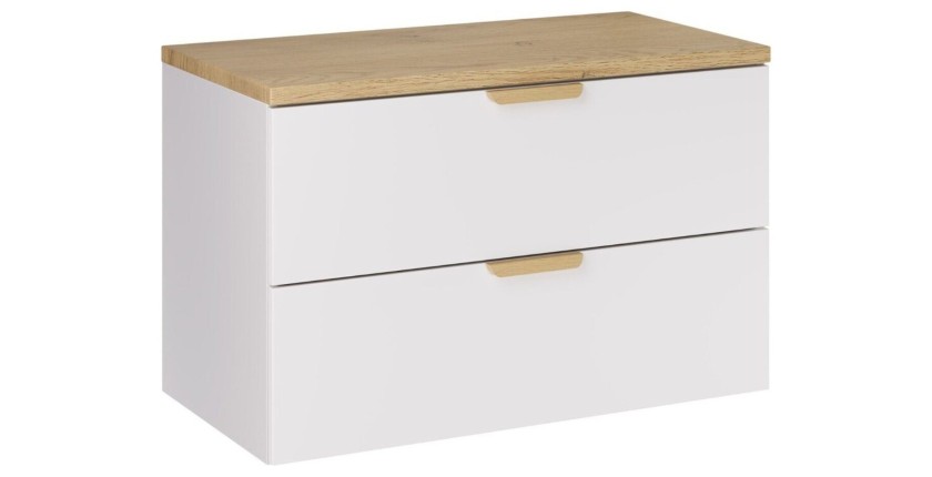 Zwevende badkamerset OSTER 80cm: witte onderkast met laden + licht eikenhouten blad voor wastafel