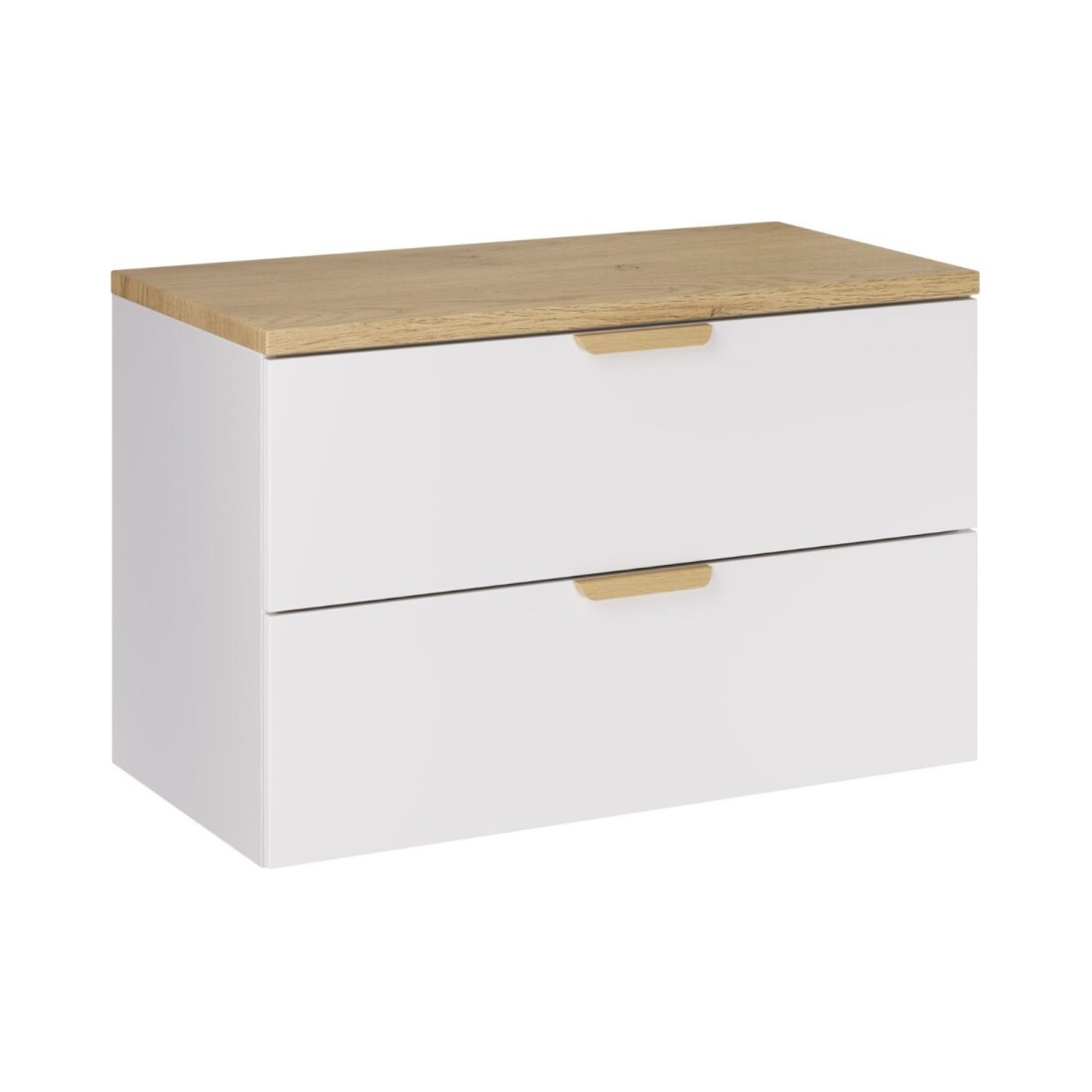 Zwevende badkamerset OSTER 80cm: witte onderkast met laden + licht eikenhouten blad voor wastafel