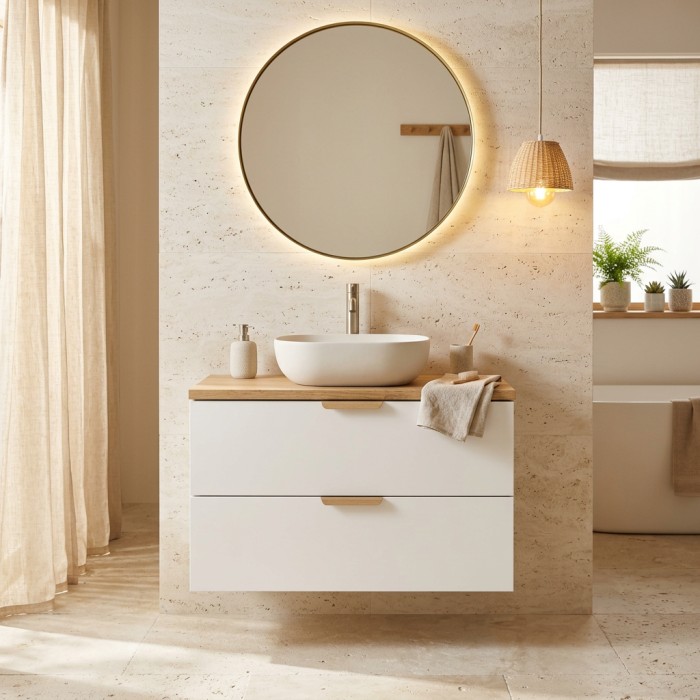 Ensemble OSTER blanc et chêne 80cm : meuble sous vasque à tiroirs et plan pour vasque mis en situation