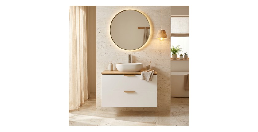 Zwevende badkamerset OSTER 80cm: witte onderkast met laden + licht eikenhouten blad voor wastafel