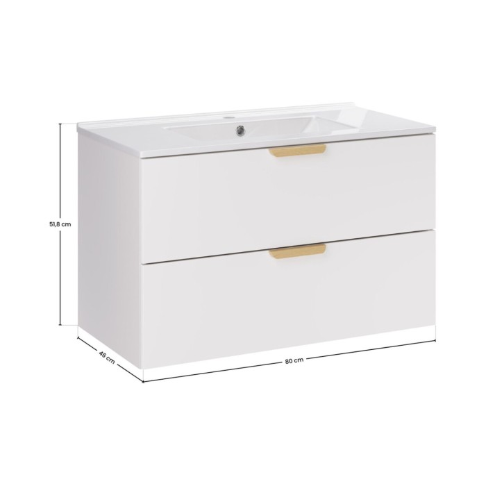 Conjunto de baño suspendido OSTER 80cm: mueble bajo lavabo con cajones blanco + lavabo empotrado blanco
