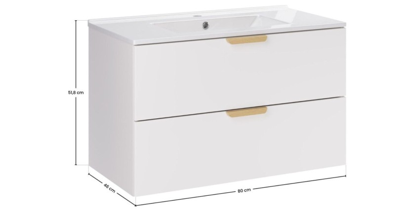 Ensemble OSTER blanc 80cm : meuble sous vasque à tiroirs et vasque encastrée blanche dimensions