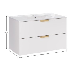 Ensemble OSTER blanc 80cm : meuble sous vasque à tiroirs et vasque encastrée blanche dimensions