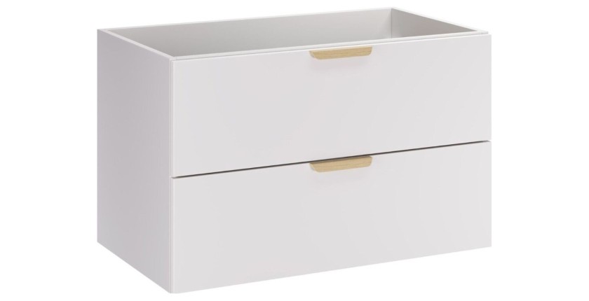 Meuble sous vasque aspect chêne clair avec 2 niches visibles arrondies