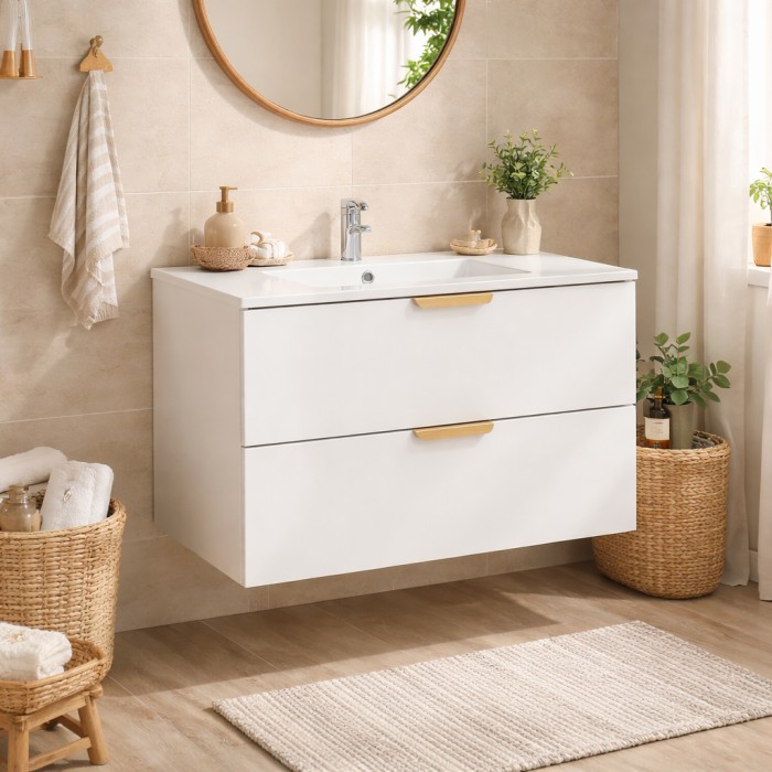 Conjunto de baño suspendido OSTER 80cm: mueble bajo lavabo con cajones blanco + lavabo empotrado blanco
