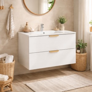 Ensemble OSTER blanc 80cm : meuble sous vasque à tiroirs et vasque encastrée blanche mis en situation