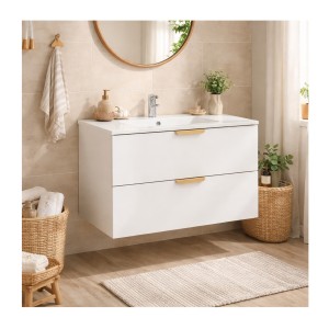 Ensemble OSTER blanc 80cm : meuble sous vasque à tiroirs et vasque encastrée blanche mis en situation