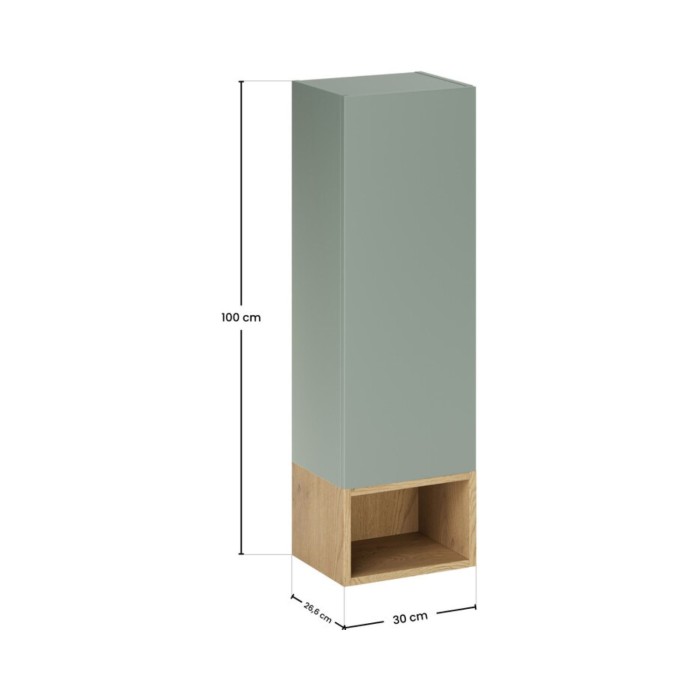 Colonna di stoccaggio OSTER 30cm – mobile sospeso verde salvia 1 porta e nicchia visibile aspetto rovere chiaro